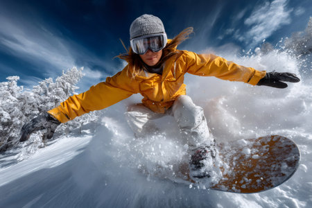 Woman snowboarding, kicking up snow, and dynamic outdoor winter sportの素材
