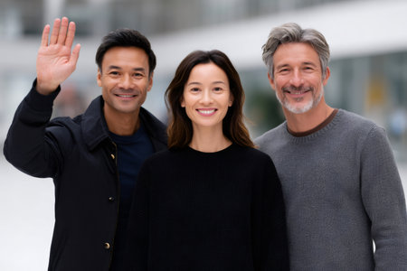 Multicultural friends looking at camera with happy expressions and one person wavingの素材