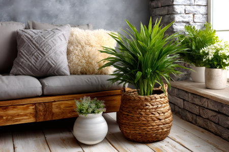 Lush green houseplants decorating a warm and comfortable living room interiorの素材