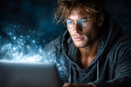 Man focusing on an illuminated screen with glowing particles and data streamsの素材