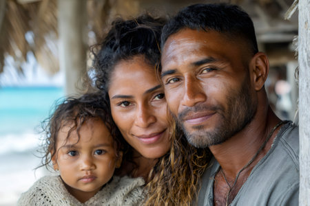 Indigenous family looking at camera, standing together by a beach hutの素材