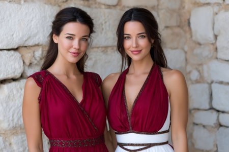 Two women wearing flowing dresses standing together, symbolizing beauty and heritageの素材