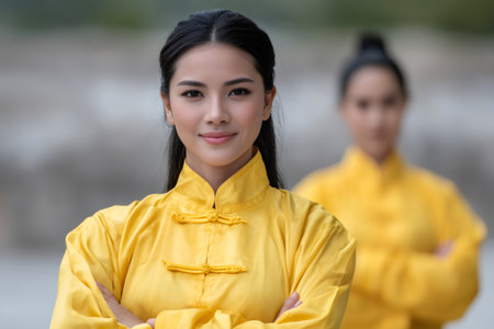 Asian woman smiling, arms crossed, wearing a traditional yellow uniform, with another person in the backgroundの素材