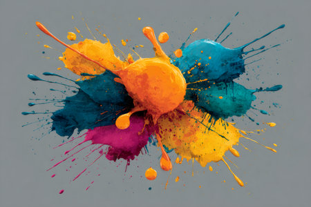 Abstract colorful paint splashes exploding with vibrant liquid ink on a gray backgroundの素材