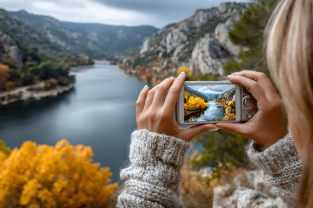 Woman holding a compact camera, photographing a beautiful autumn canyon with a riverの素材