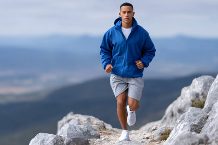 Young man running outdoors on a rocky mountain path, focusing on fitness and determinationの素材