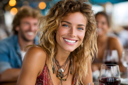 Happy young woman looking at camera, having red wine during a social gatheringの素材
