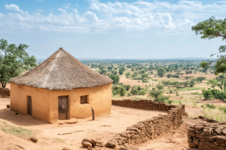 Rural african mud hut and stone wall standing on a hill overlooking a vast savannaの素材
