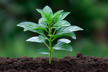Green seedling sprouting from dark brown soil, symbolizing new life and growthの素材