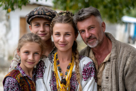Ukrainian family wearing traditional embroidered clothing and smiling at cameraの素材