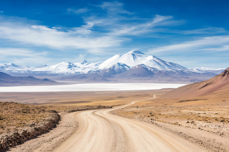 Dirt road traveling through a dry landscape with snow-capped peaks and a white salt lakeの素材