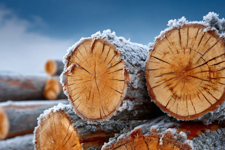 Wood logs with tree rings covered in hoarfrost, representing winter, cold, and forestryの素材