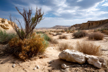Sparsely vegetated desert revealing a dry, rugged landscape under a cloudy skyの素材