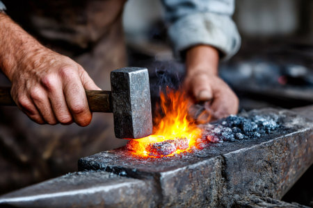 Blacksmith striking glowing metal with a hammer on an anvil, creating sparks and fireの素材