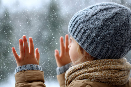Child wearing warm winter clothes looking at snowfall pressing hands on cold window glassの素材
