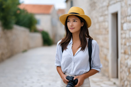 Young asian woman wearing a straw hat and backpack holding a mirrorless camera on vacationの素材