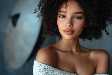 Young woman posing for a studio portrait, showing beauty and fashionの素材