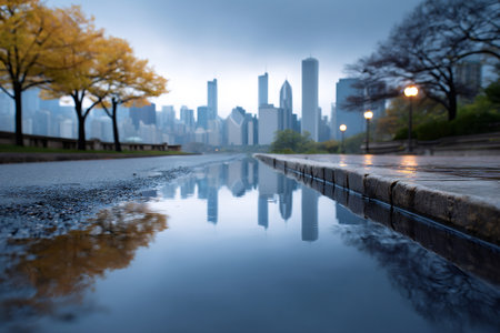 Chicago skyscrapers and autumn trees reflecting in a roadside puddle on a wet dayの素材
