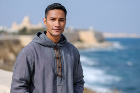 Man wearing a historic hooded garment, standing outdoors overlooking the blue sea and distant fortressの素材