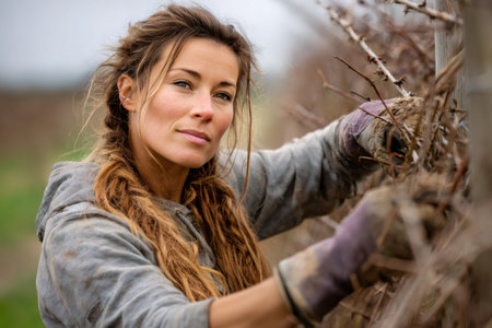 Woman farmer working in a vineyard, diligently pruning grapevines during springtimeの素材