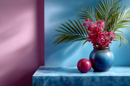 Still life arrangement featuring a blue vase with flowers, a red sphere, and contrasting colored wallsの素材