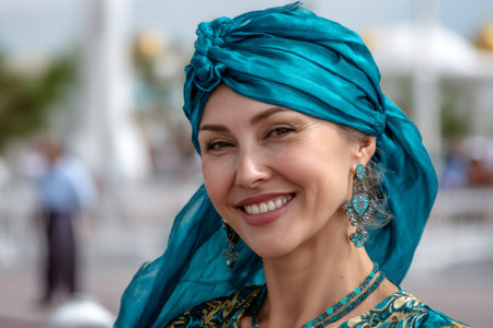 Woman smiling, wearing elegant teal head covering and matching earringsの素材