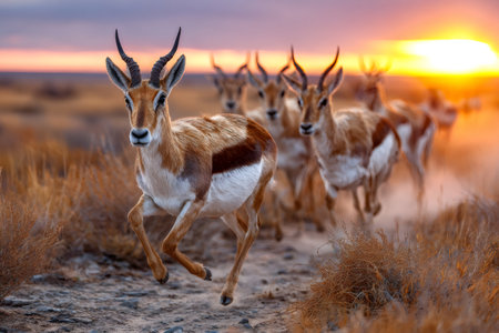 Saiga antelopes are running in a herd across the steppe during golden hourの素材