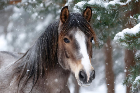 Furred horse head and mane with snow falling in a pine forestの素材