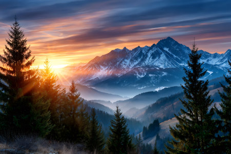 Snow capped peaks overlooking a forested valley with sun rays at sunriseの素材