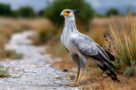 Secretarybird standing on a dusty rural road, looking for preyの素材