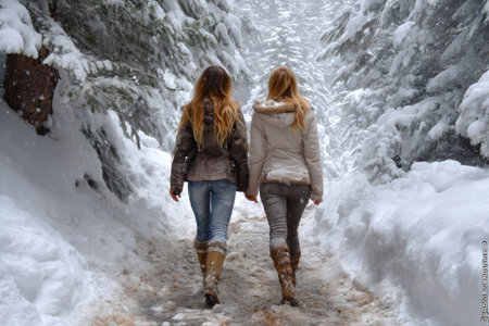 Two young women holding hands, walking together through a snowy forest path in winterの素材