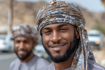 Two Omani men wearing traditional clothing, one smiling at the camera and another blurred in the backgroundの素材