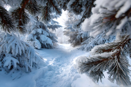 Snow covered forest path running between frosty pine trees in bright winter sunlightの素材
