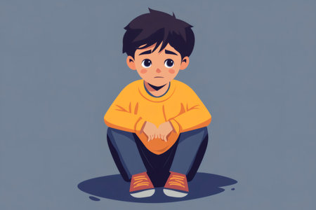 Boy feeling sadness, loneliness, and emotional upset in an isolated settingの素材