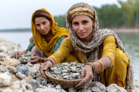 Indian women doing manual labor, collecting and sorting rocks by a water bodyの素材
