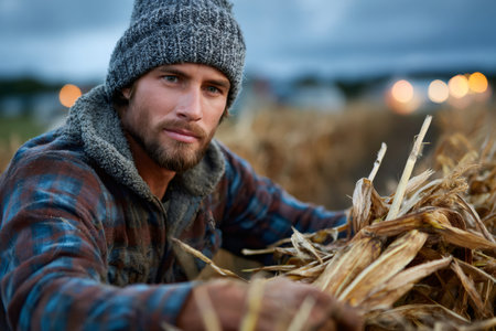 Young man standing outdoors in a cornfield during autumn harvest seasonの素材