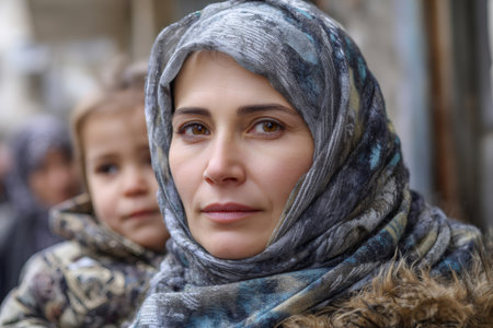 Refugee woman wearing hijab looking directly, holding her child, conveying strength and adversityの素材