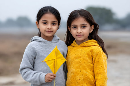 Two young Indian girls standing together, one holding a yellow kiteの素材