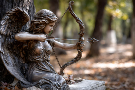 Bronze angel statue with wings holding a bow and arrow aiming at a targetの素材