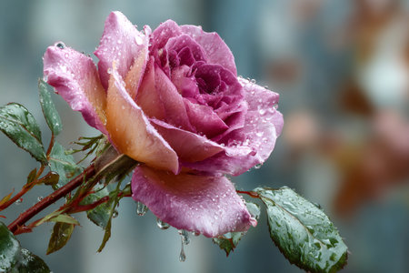 Delicate purple rose blossom blooming outdoors, wet with tiny water droplets following a spring rainの素材