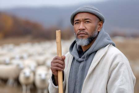 Shepherd man standing outdoors, holding a staff while watching over his flock of sheepの素材