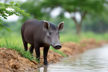 Wild pig standing cautiously by the edge of water, looking into frame in natural habitatの素材