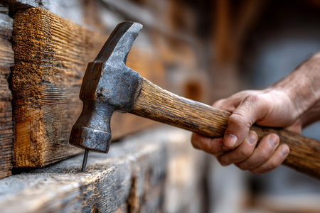 Man's hand gripping a hammer, driving a nail into an old wooden beamの素材