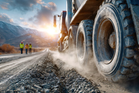 Heavy construction truck with workers driving on a gravel road during roadwork at sunsetの素材