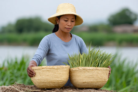 Woman farmer preparing baskets of rice seedlings in a rural field by the riverの素材