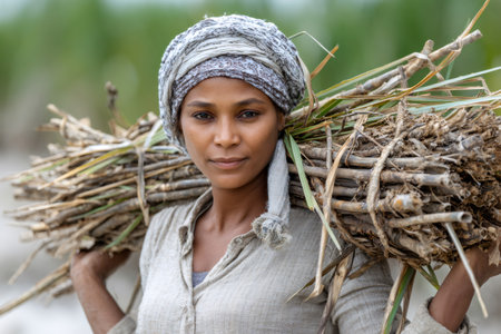 Woman carrying a bundle of harvested sugar cane on her shoulder, looking at cameraの素材