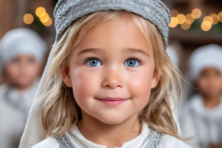 Blonde child with blue eyes smiling, participating in a Christmas nativity playの素材