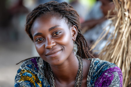 African woman with dreadlocks and jewelry smiling, wearing colorful traditional clothingの素材