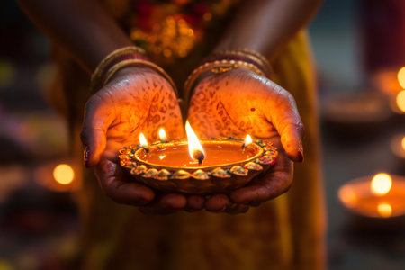 Hands holding a burning diya lamp celebrating the Hindu festival of lightsの素材