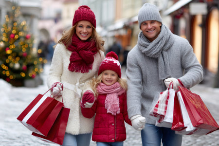 Happy family carrying shopping bags on a snowy city street with a decorated Christmas treeの素材